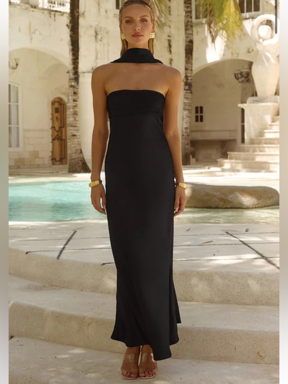 Runaway the Label NEW Black Elsa Strapless Scarf Maxi Gown Dress Large